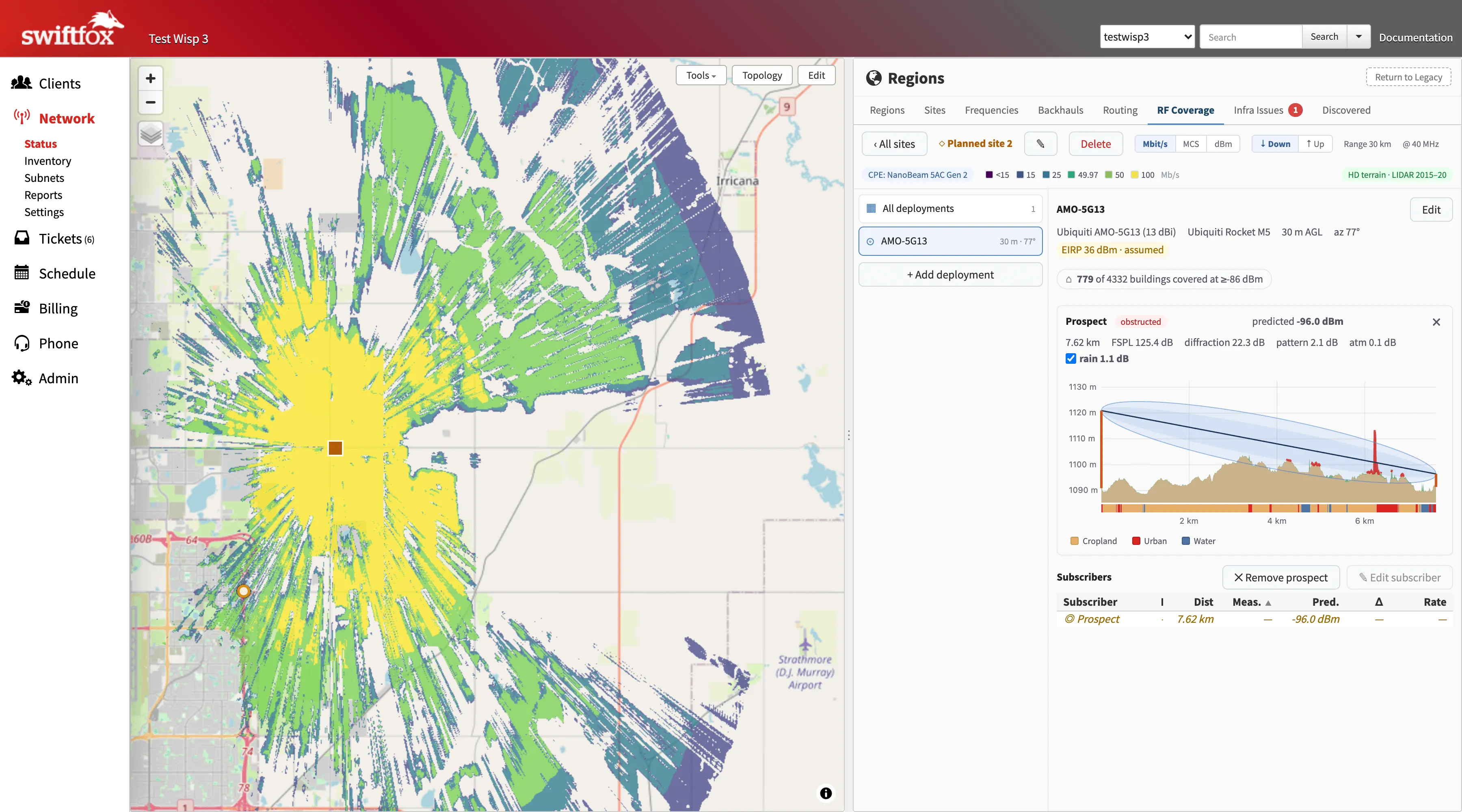 The RF Coverage tab for a planned site: a 5 GHz sector's predicted coverage drawn over the map in speed tiers from yellow to purple, the deployment's radio, antenna, height and EIRP listed on the right with a count of buildings covered, and a prospect's path plot 7.6 km out showing terrain, the Fresnel zone, and cropland, urban and water along the path
